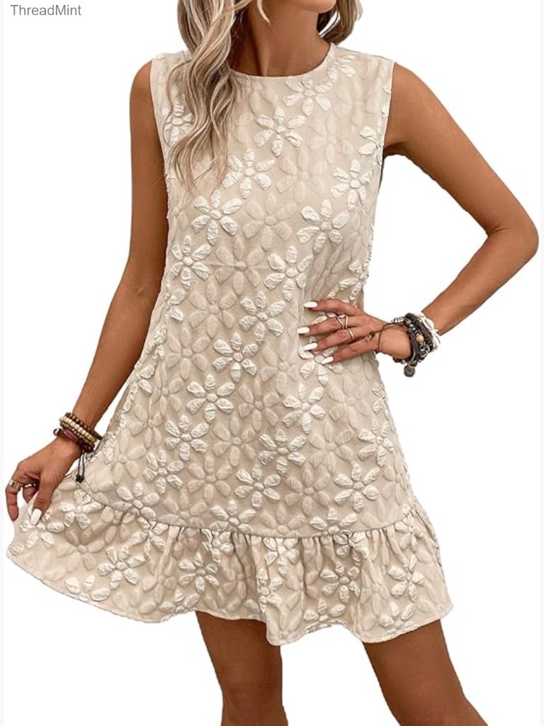Ruffle Hem Sleeveless Tank Dress Crew Neck Shift Mini Summer Smock